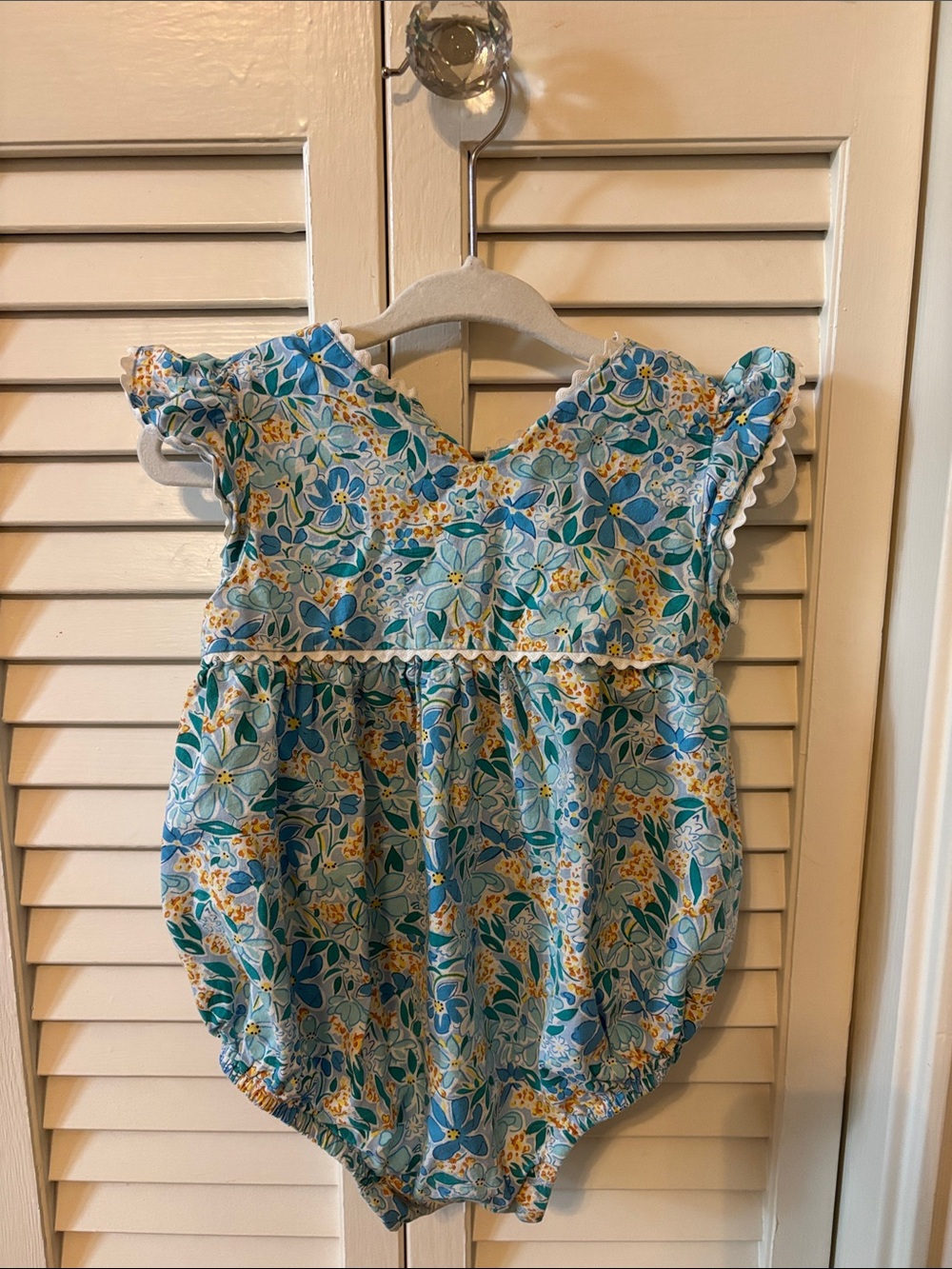 Floral Flutter-Sleeve Baby One-Piece in Teal & Yellow